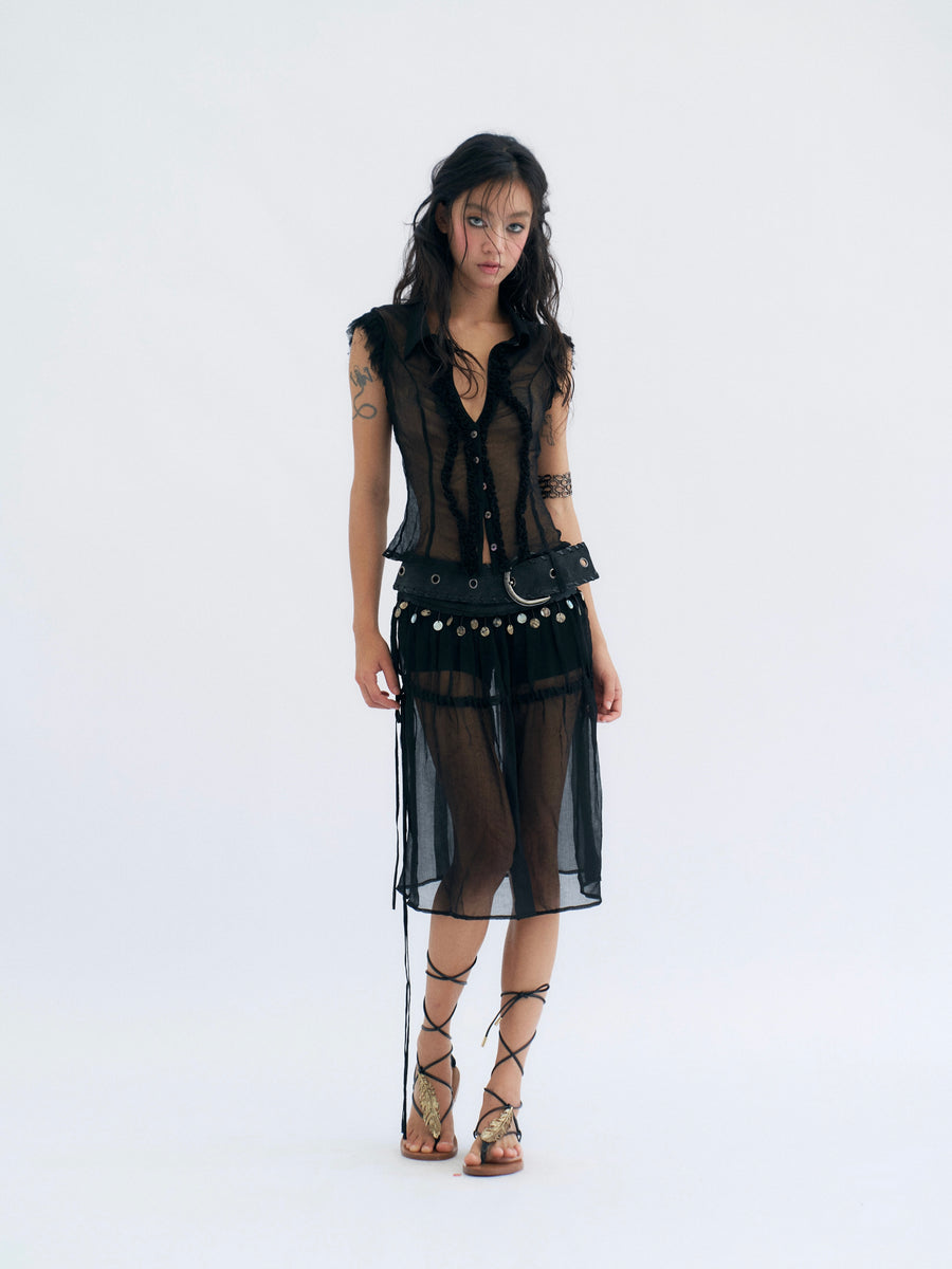 Black Tulle Large Backless Pleated Shirt