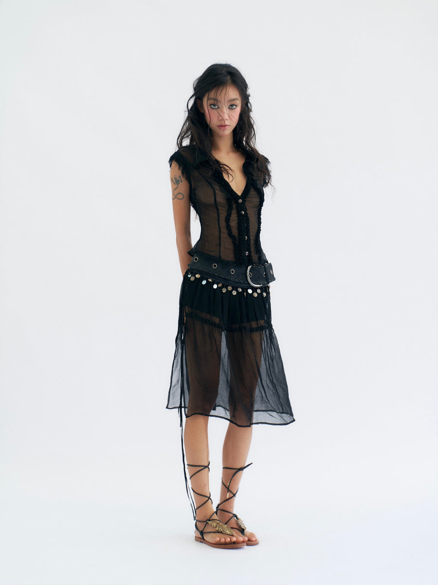 Black Tulle Large Backless Pleated Shirt