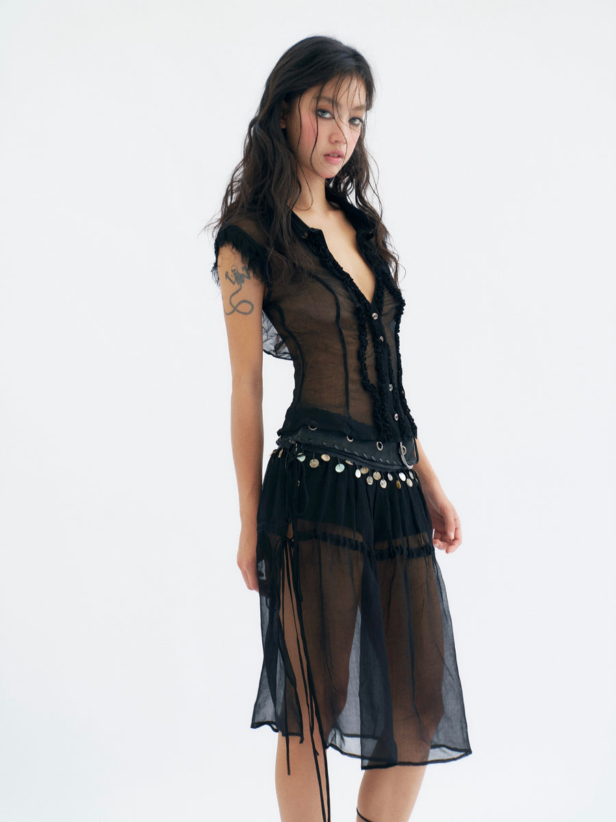 Black Tulle Large Backless Pleated Shirt