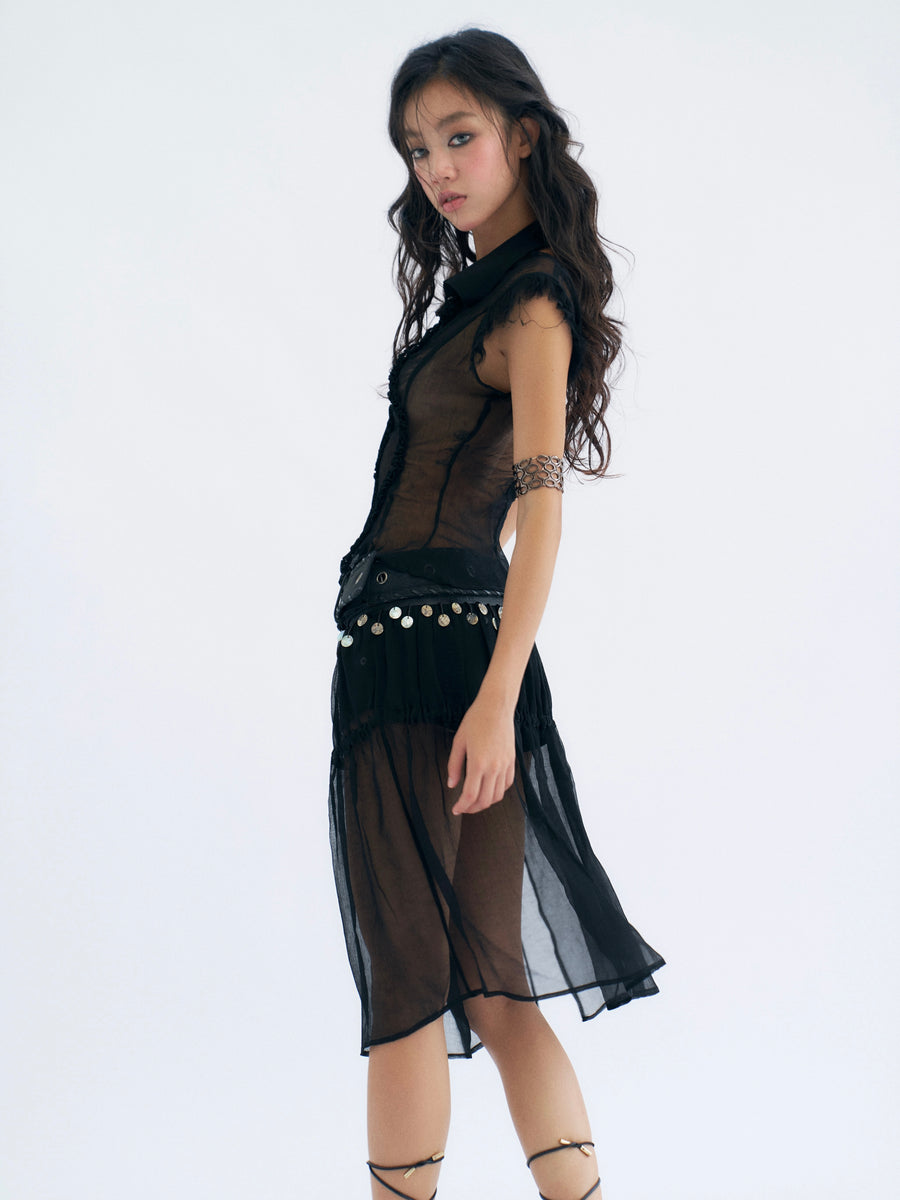 Black Detachable Tulle Mid-length Skirt and Shorts with PU Leather