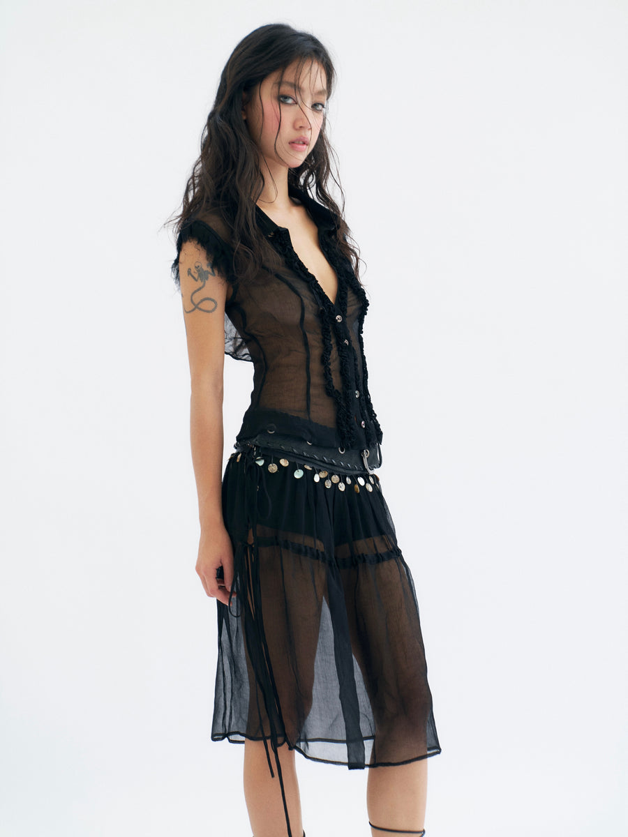 Black Tulle Large Backless Pleated Shirt