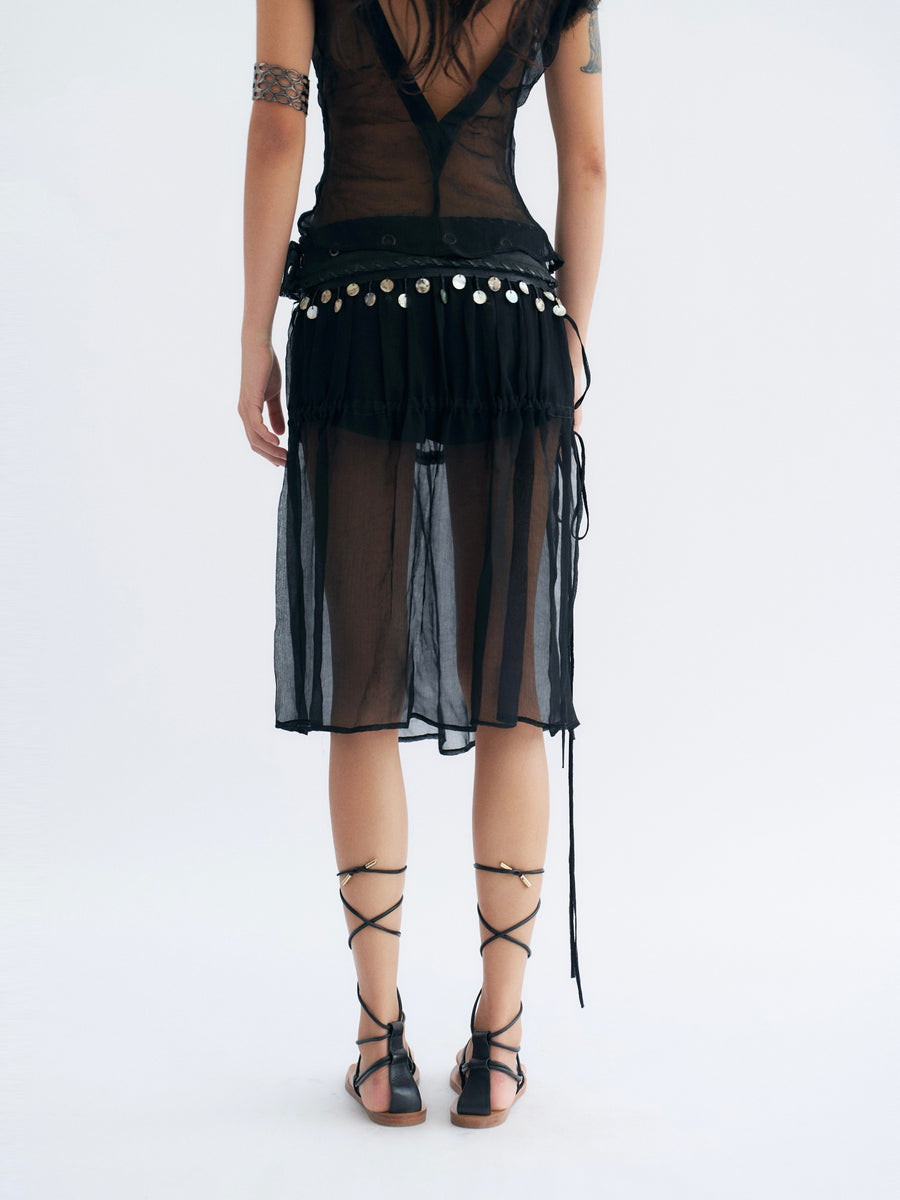 Black Detachable Tulle Mid-length Skirt and Shorts with PU Leather