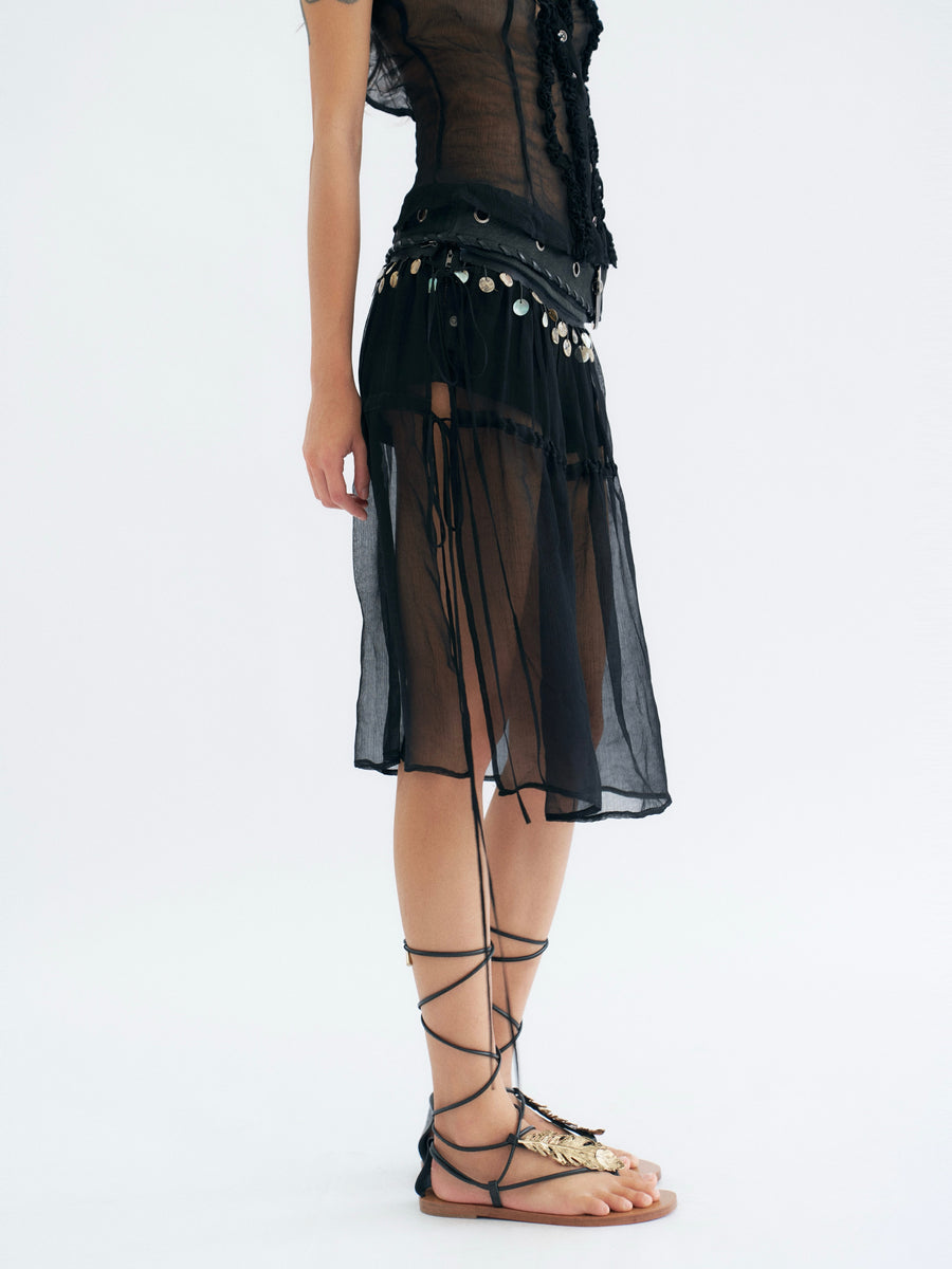 Black Detachable Tulle Mid-length Skirt and Shorts with PU Leather
