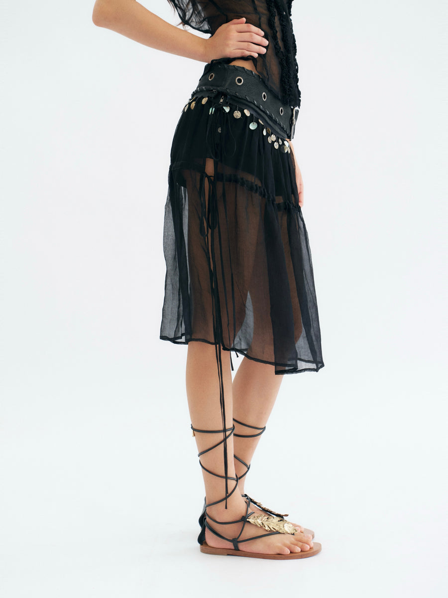 Black Detachable Tulle Mid-length Skirt and Shorts with PU Leather