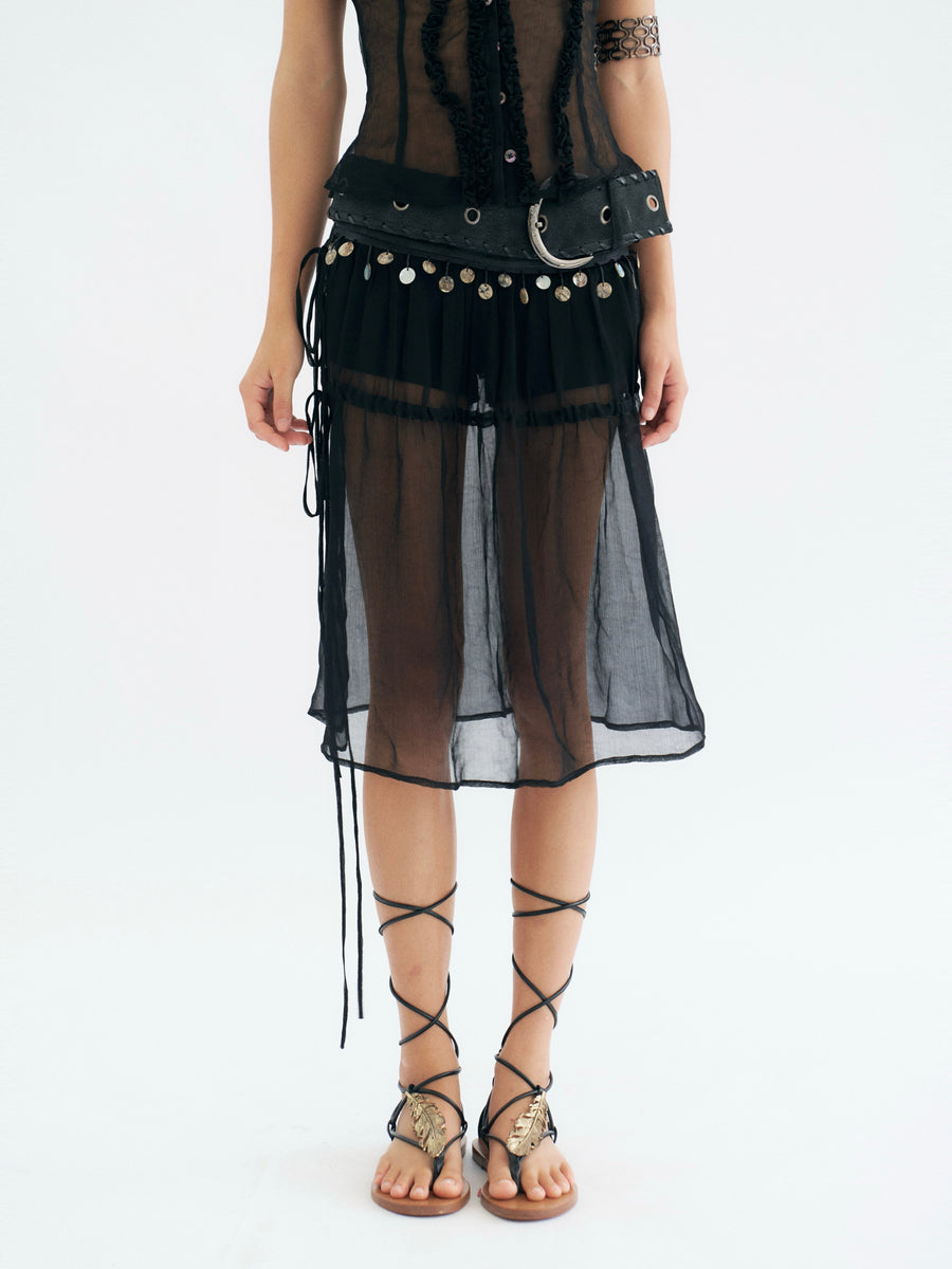 Black Detachable Tulle Mid-length Skirt and Shorts with PU Leather