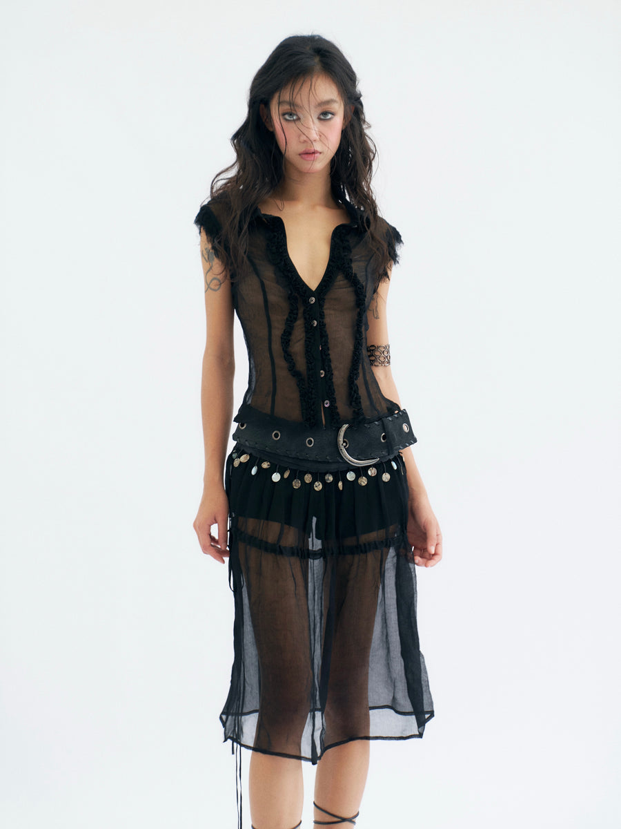 Black Tulle Large Backless Pleated Shirt