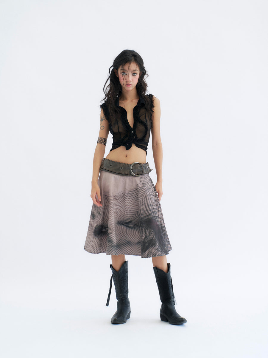 Detachable Denim Printed Mid-length Skirt and Shorts