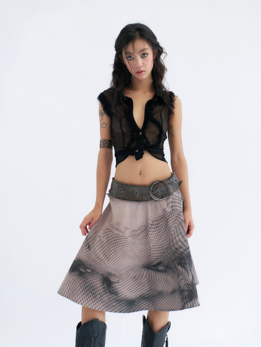 Detachable Denim Printed Mid-length Skirt and Shorts