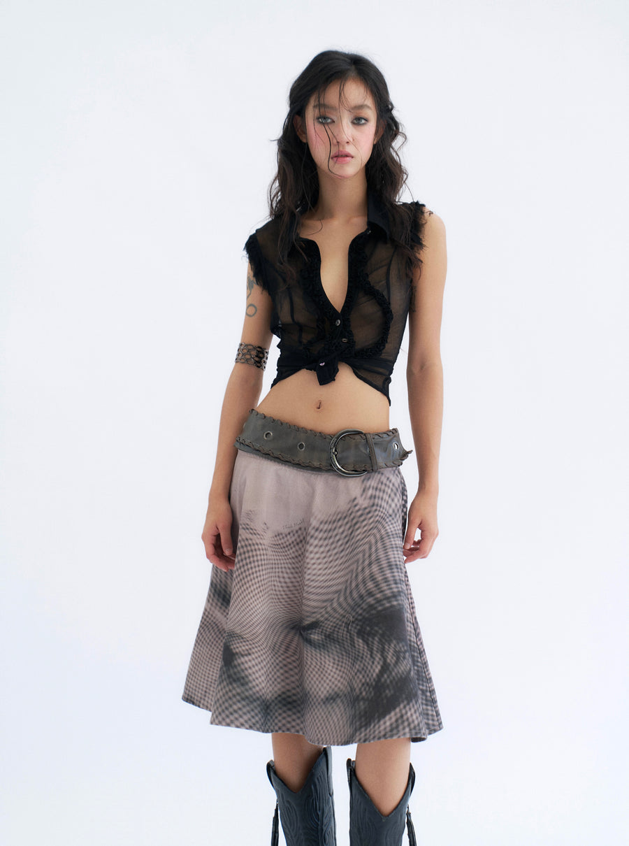 Detachable Denim Printed Mid-length Skirt and Shorts