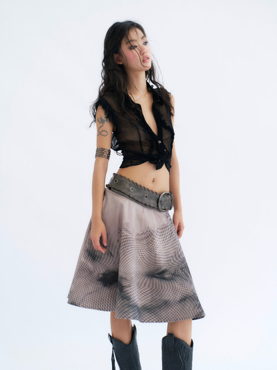 Detachable Denim Printed Mid-length Skirt and Shorts