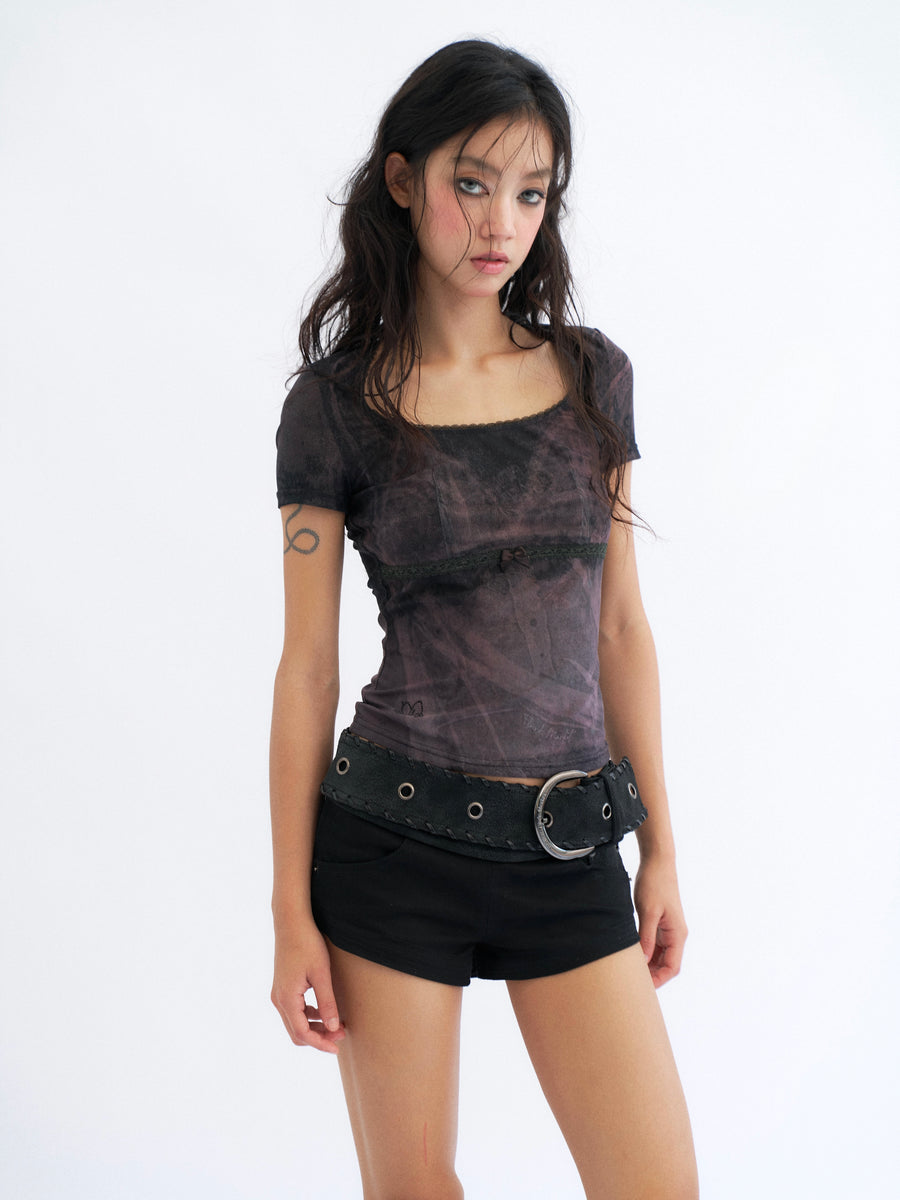 Black Lace Printed Tulle T-Shirt with Bow