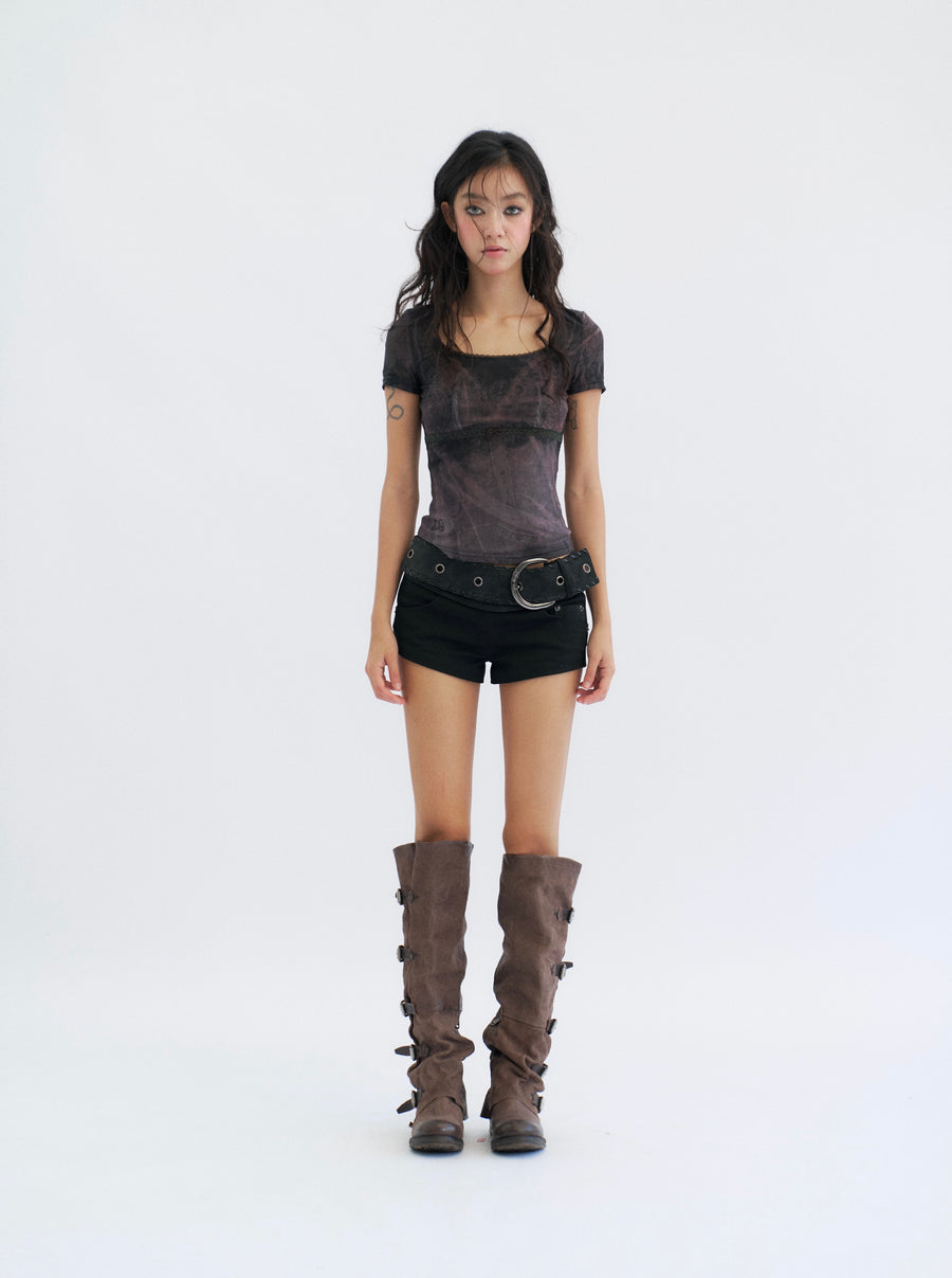 Black Lace Printed Tulle T-Shirt with Bow