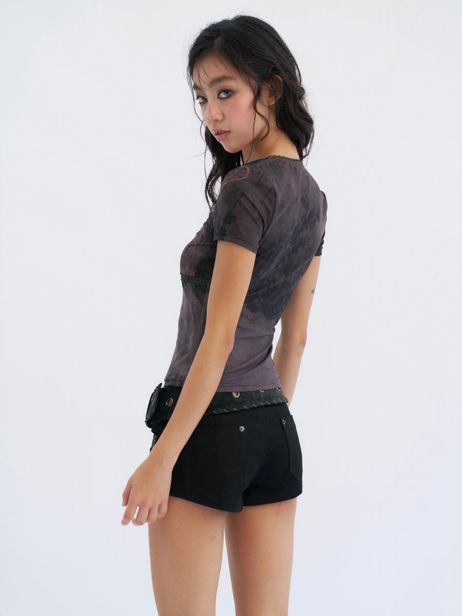 Black Lace Printed Tulle T-Shirt with Bow