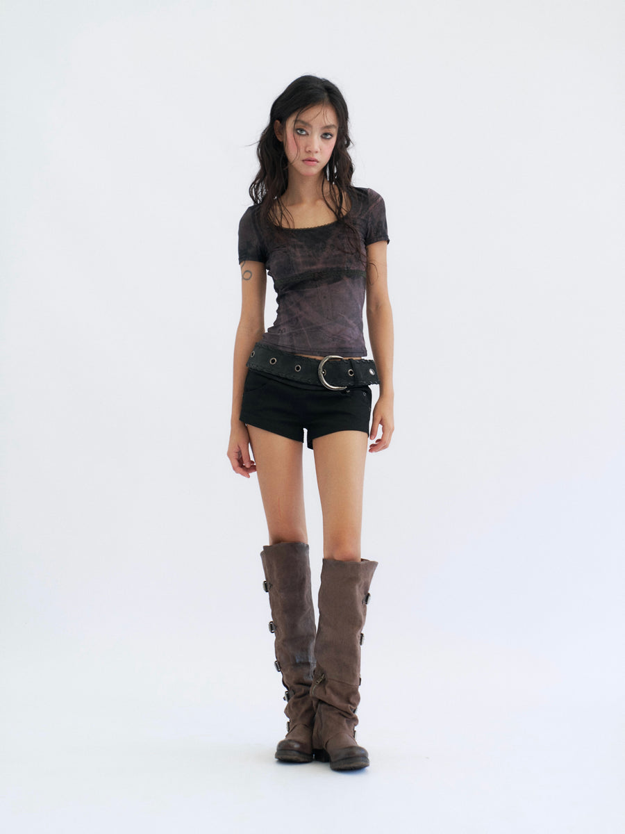 Black Lace Printed Tulle T-Shirt with Bow