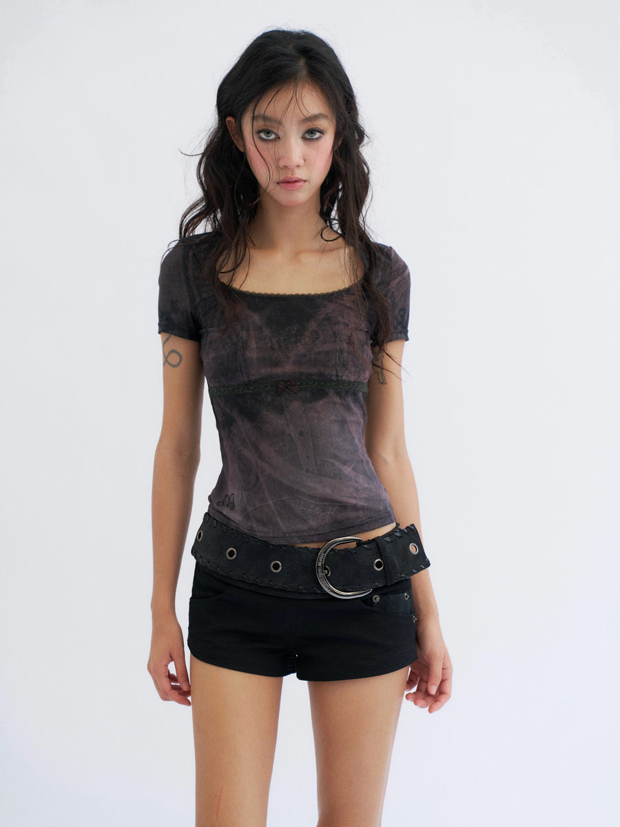 Black Lace Printed Tulle T-Shirt with Bow