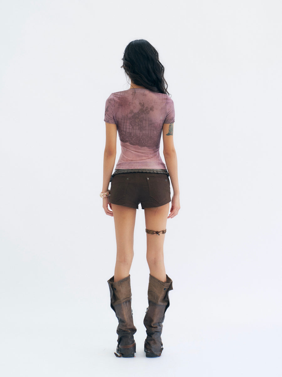 Pink Lace Printed Tulle T-Shirt with Bow
