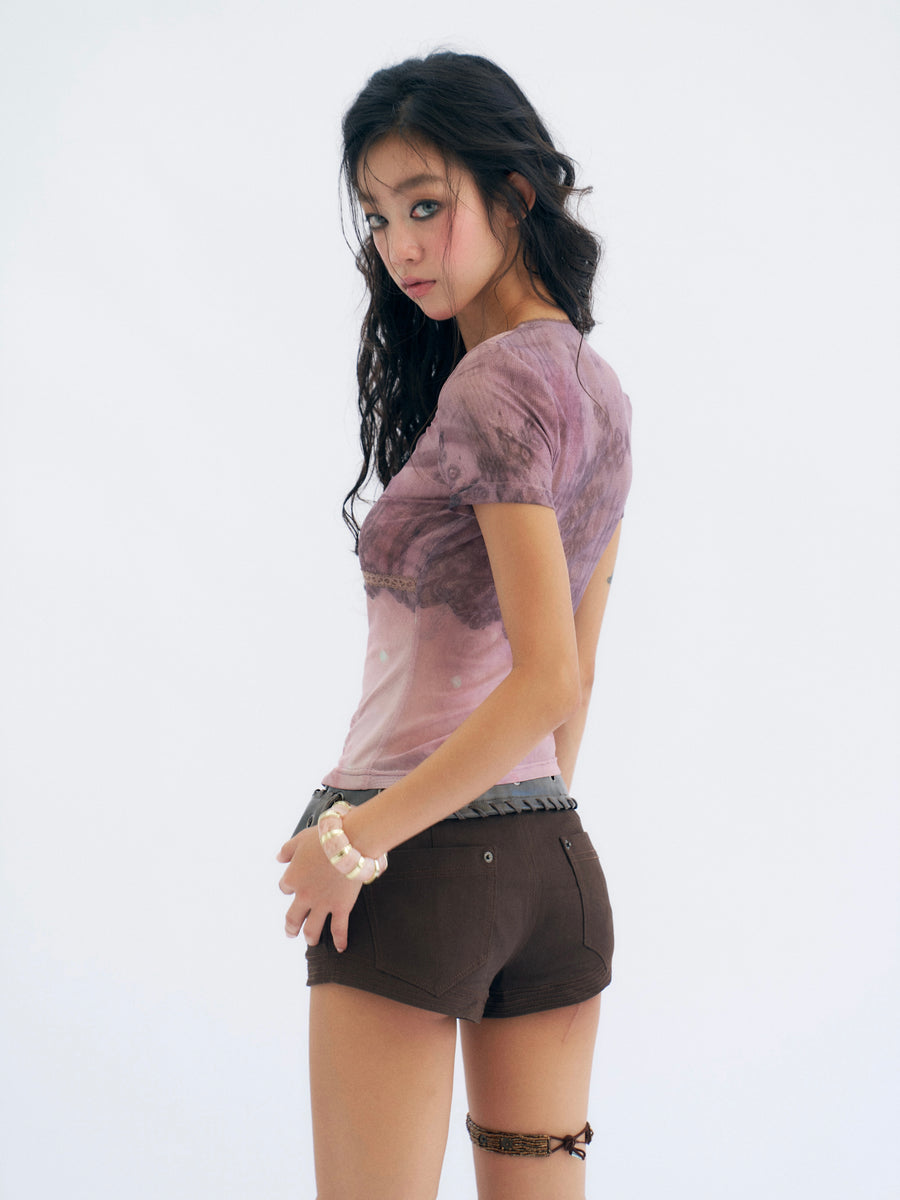 Pink Lace Printed Tulle T-Shirt with Bow