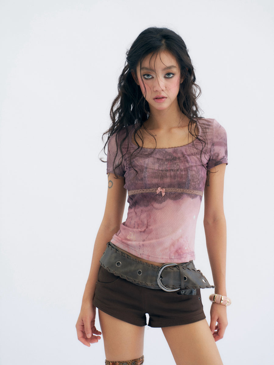 Pink Lace Printed Tulle T-Shirt with Bow