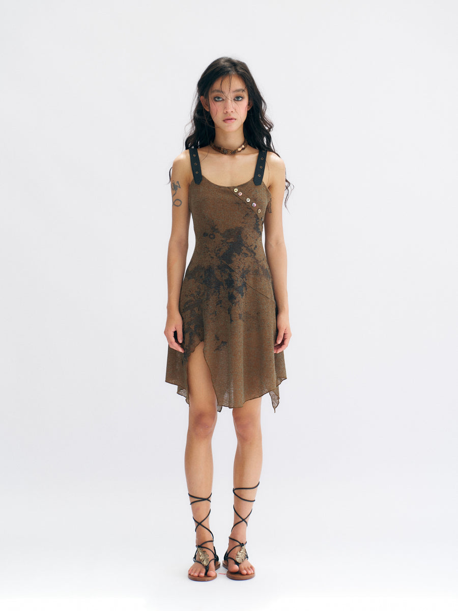 Brown Linen Knitted Nude Back Tie up Printed Dress