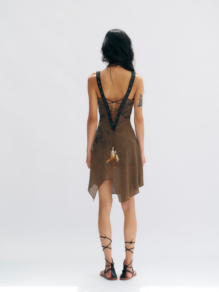 Brown Linen Knitted Nude Back Tie up Printed Dress