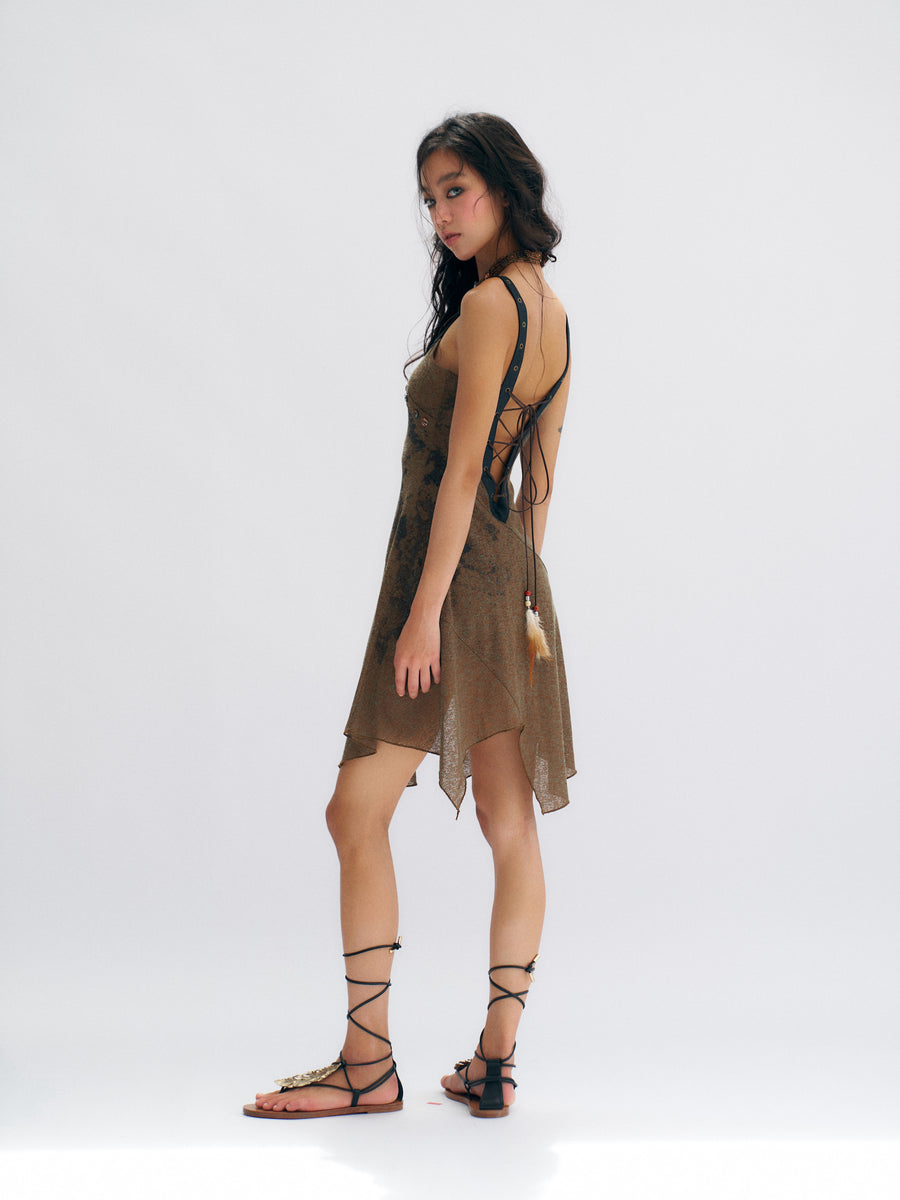 Brown Linen Knitted Nude Back Tie up Printed Dress