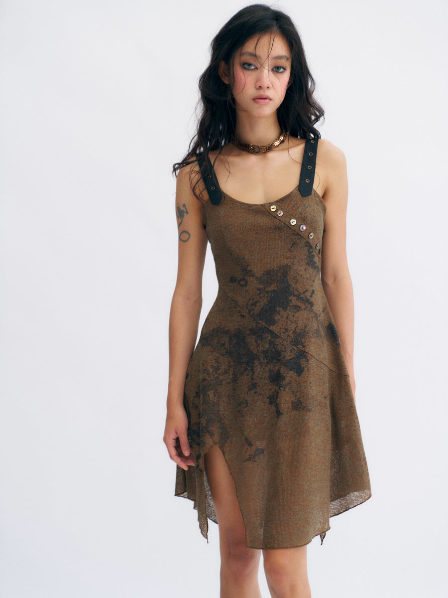Brown Linen Knitted Nude Back Tie up Printed Dress