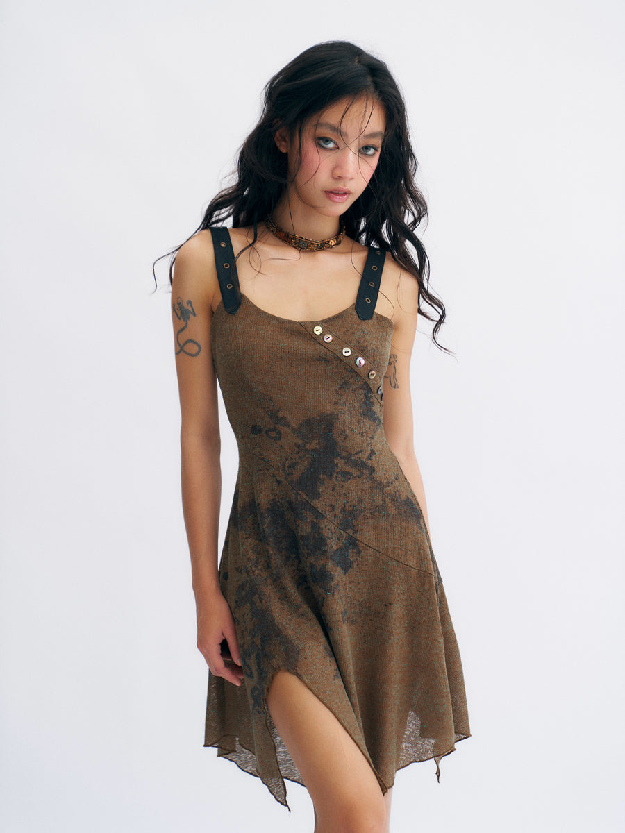 Brown Linen Knitted Nude Back Tie up Printed Dress