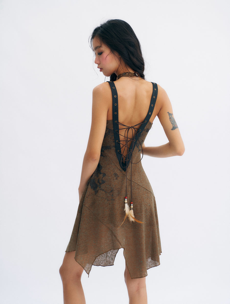 Brown Linen Knitted Nude Back Tie up Printed Dress