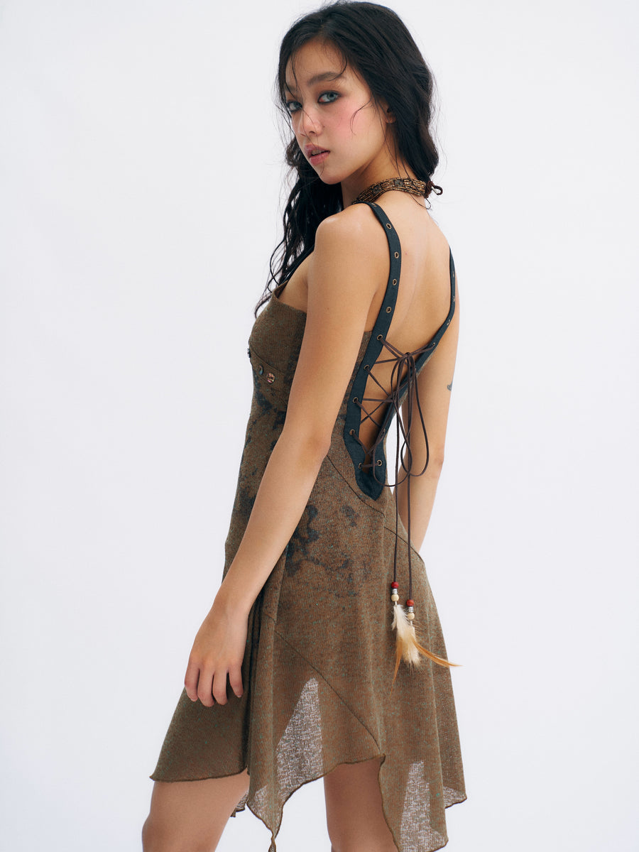 Brown Linen Knitted Nude Back Tie up Printed Dress