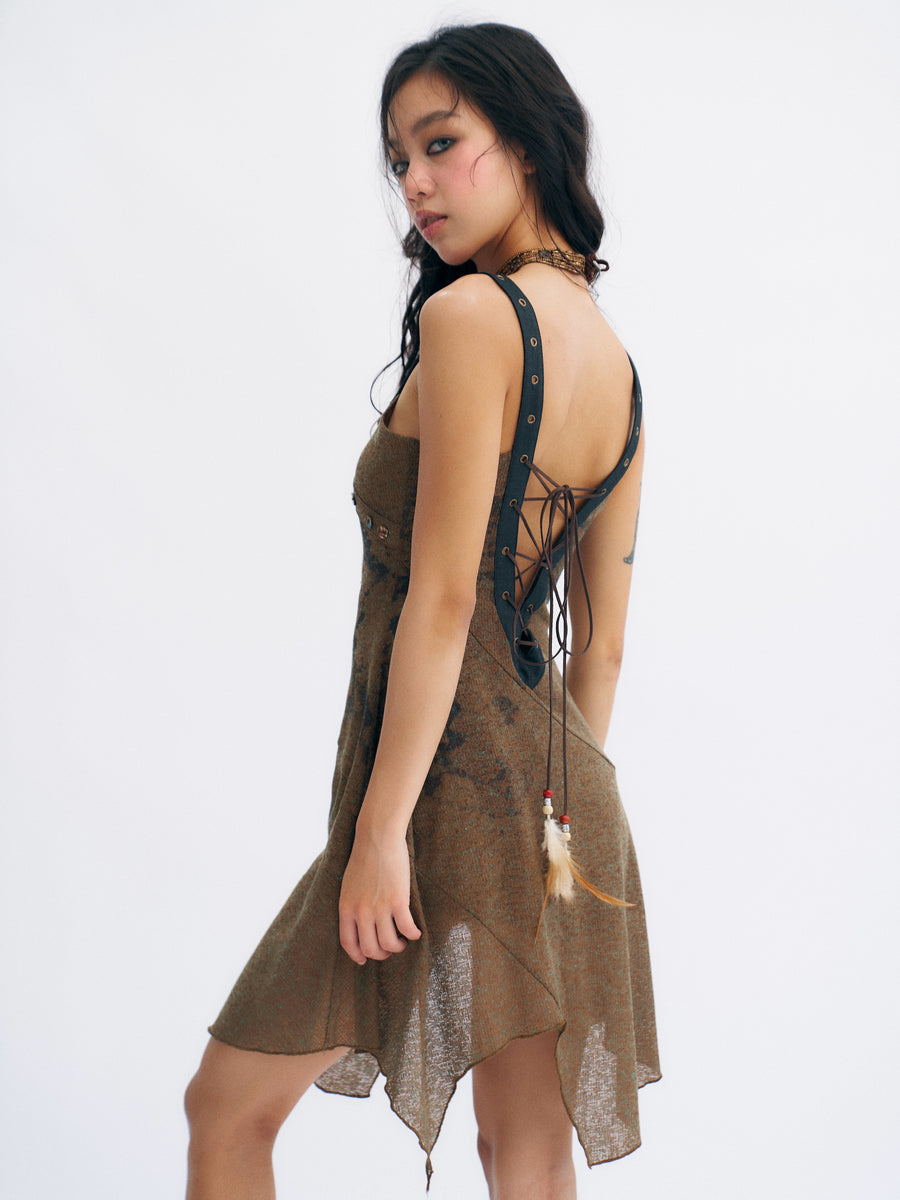 Brown Linen Knitted Nude Back Tie up Printed Dress