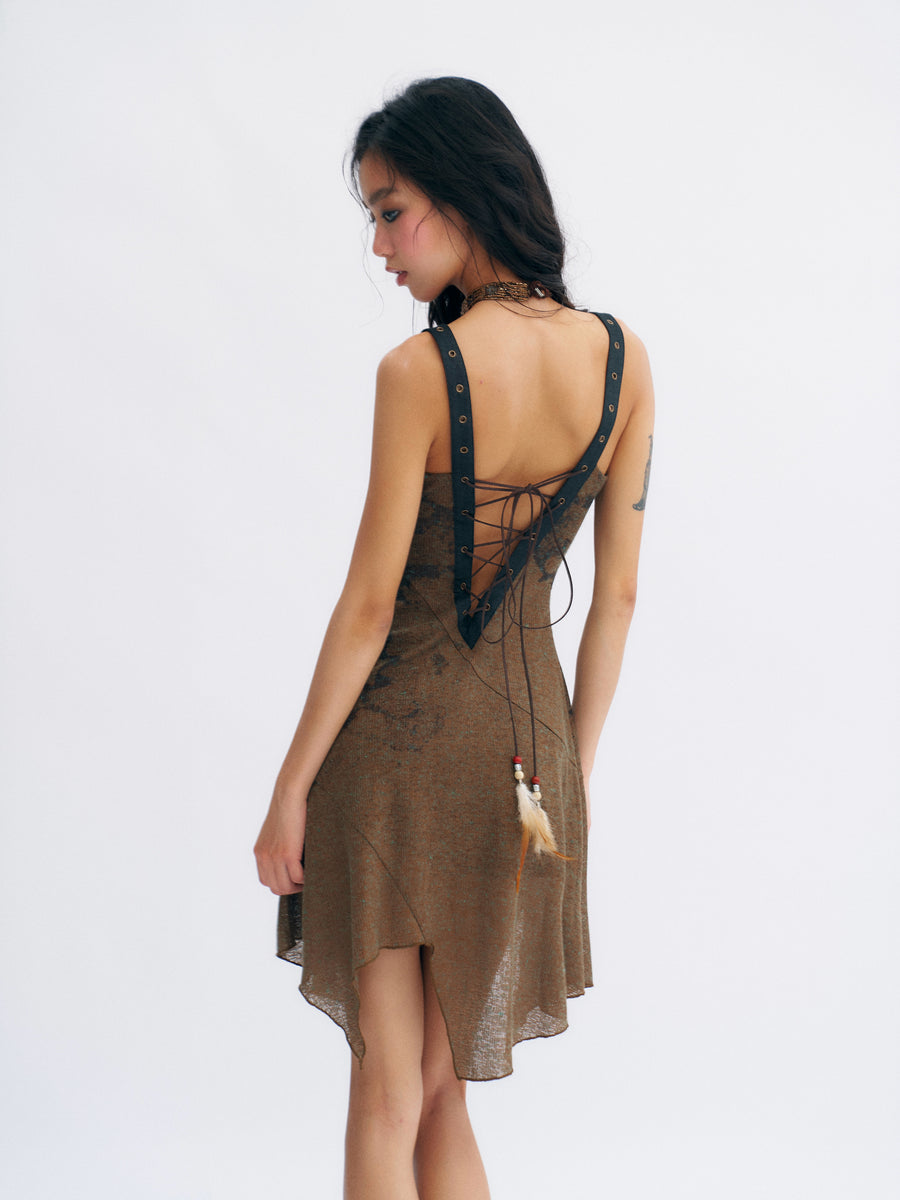 Brown Linen Knitted Nude Back Tie up Printed Dress