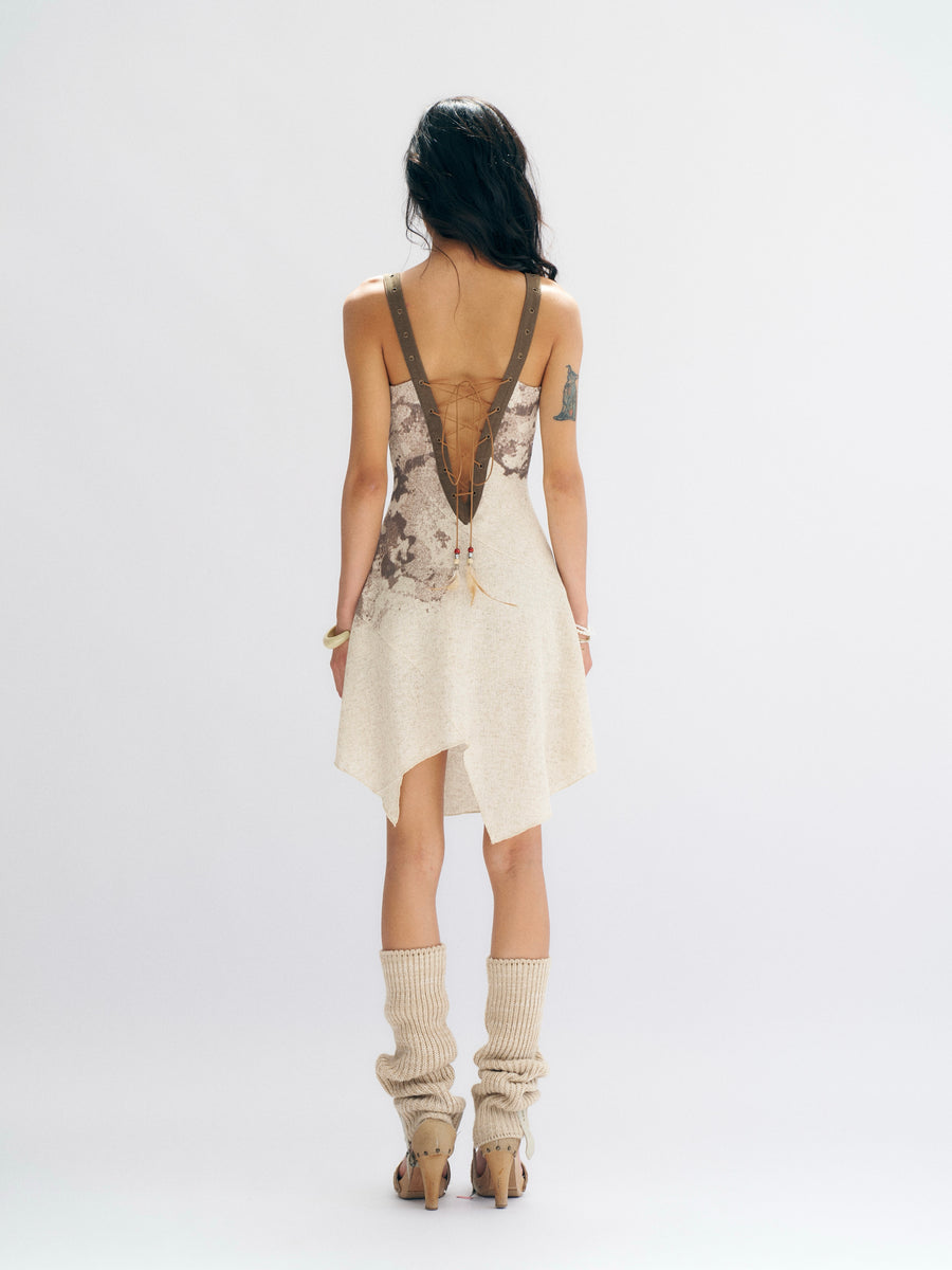 Off-white Linen Knitted Nude Back Tie up Printed Dress