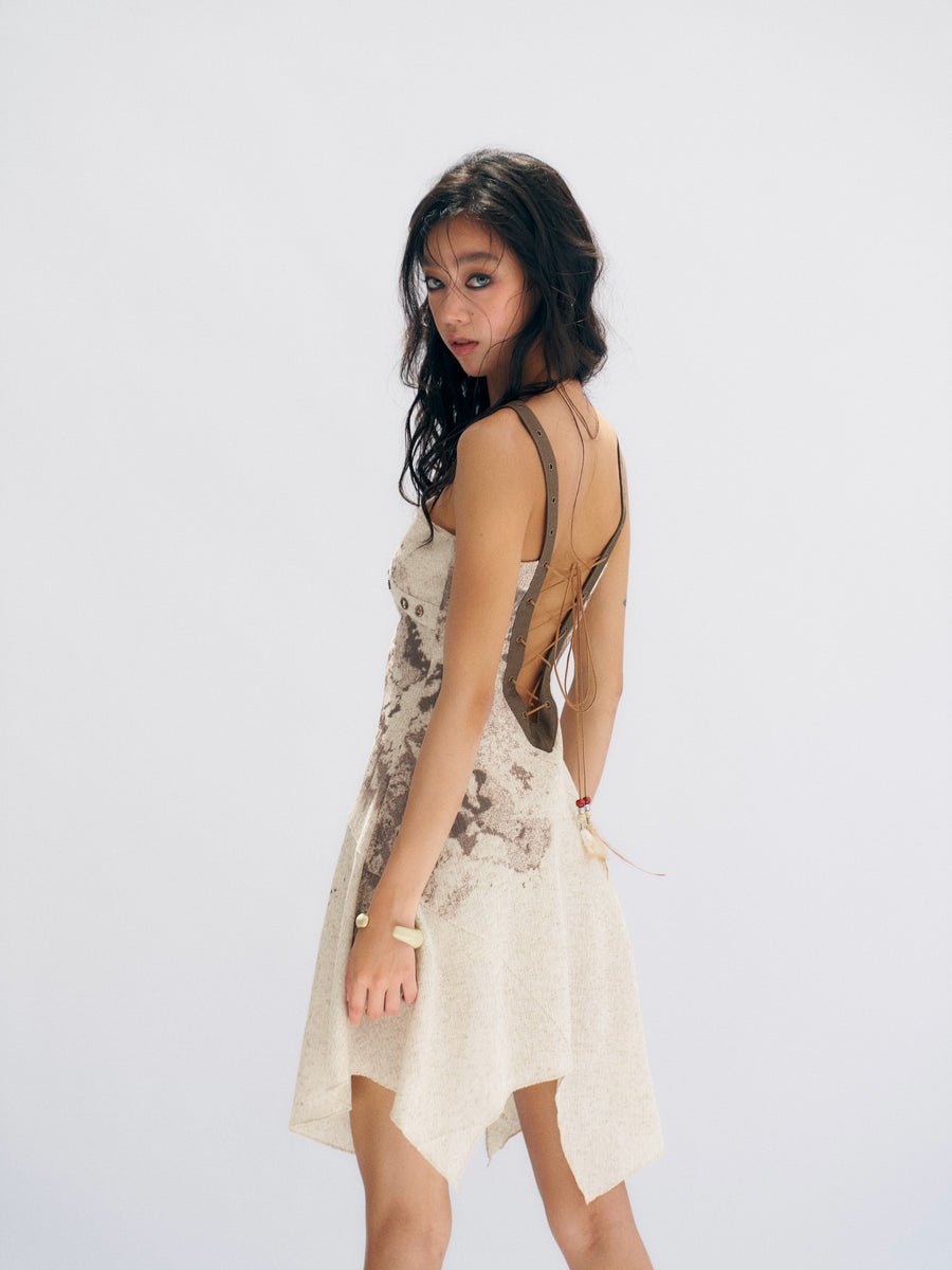 Off-white Linen Knitted Nude Back Tie up Printed Dress
