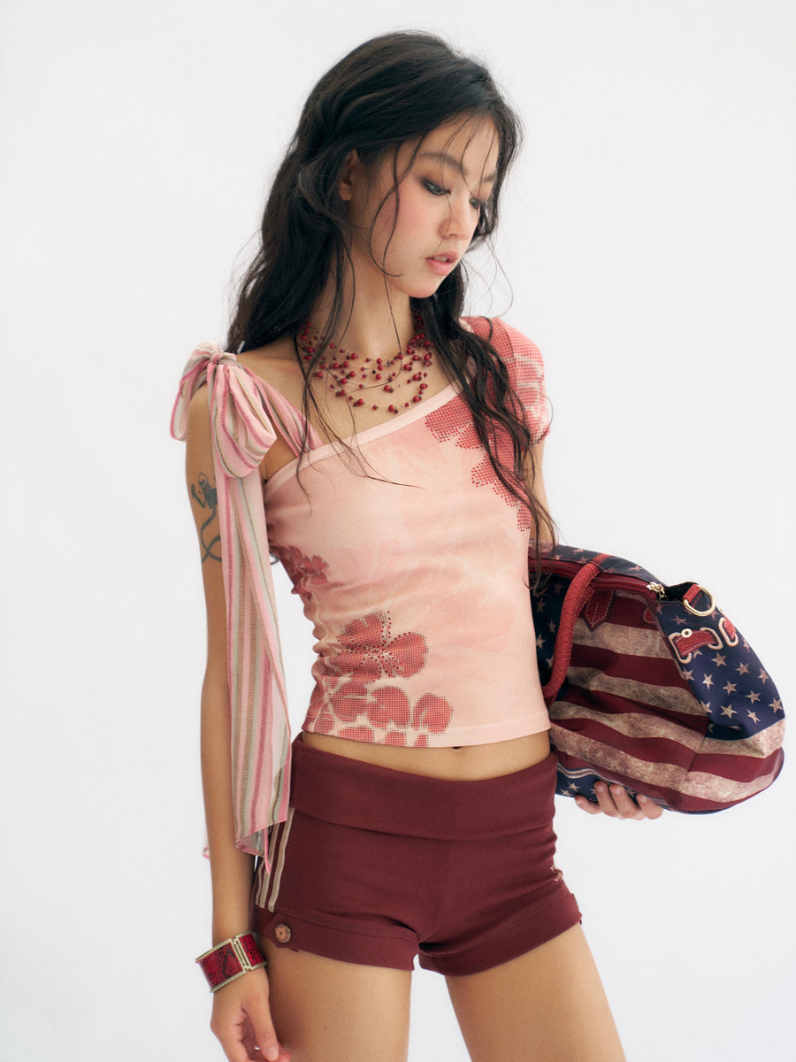 Pink Flowers Print Slanted Shoulder T-Shirt