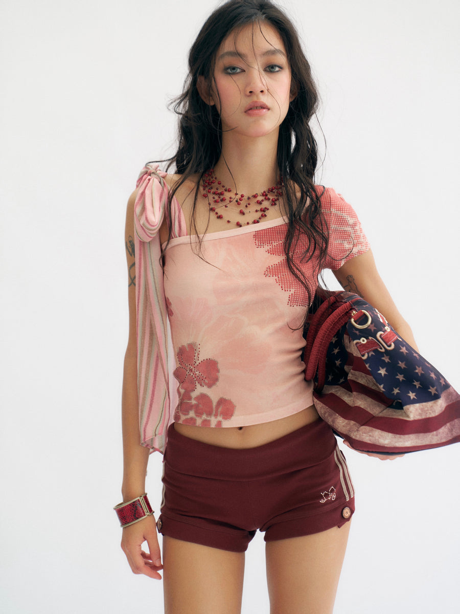 Pink Flowers Print Slanted Shoulder T-Shirt
