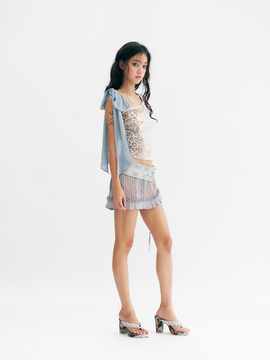 Light Blue Leopard Print Slanted Shoulder T-Shirt