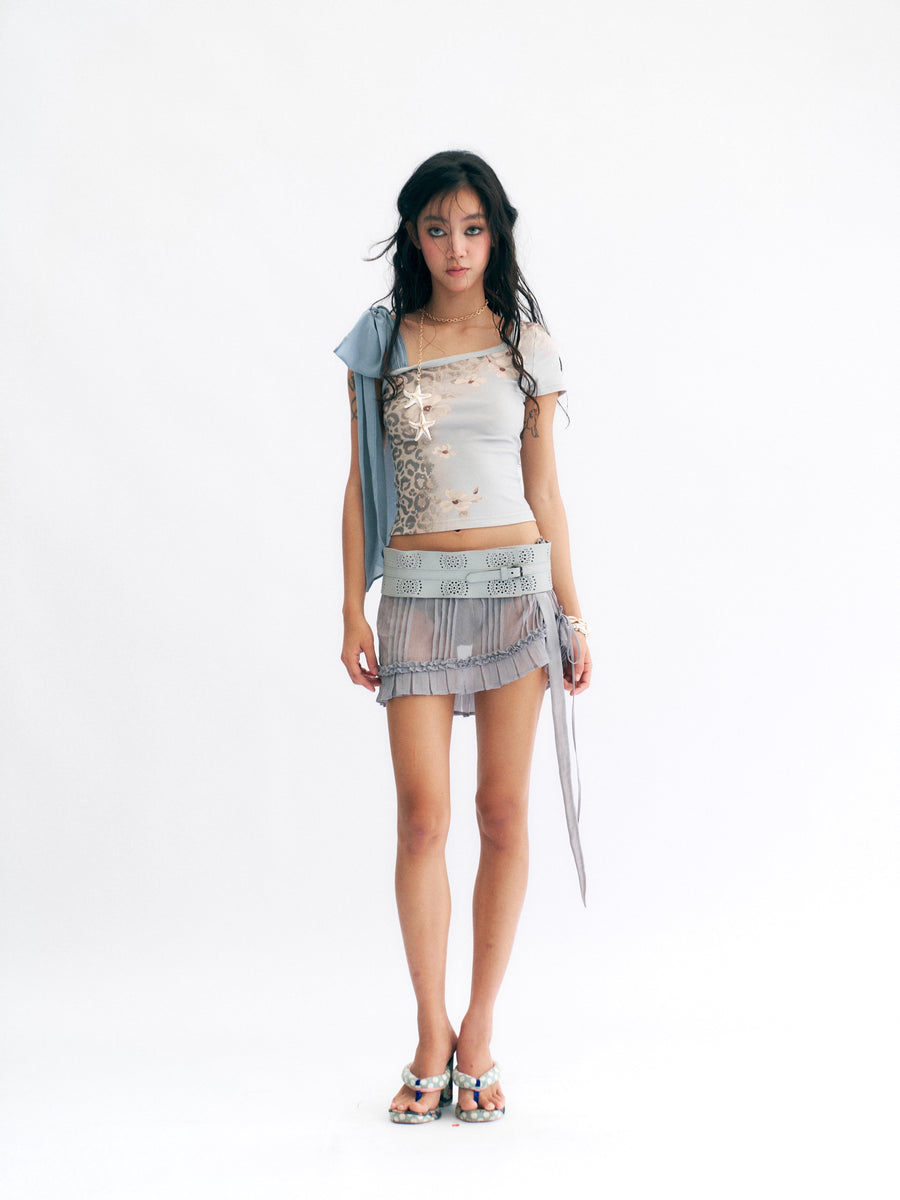 Light Blue Leopard Print Slanted Shoulder T-Shirt