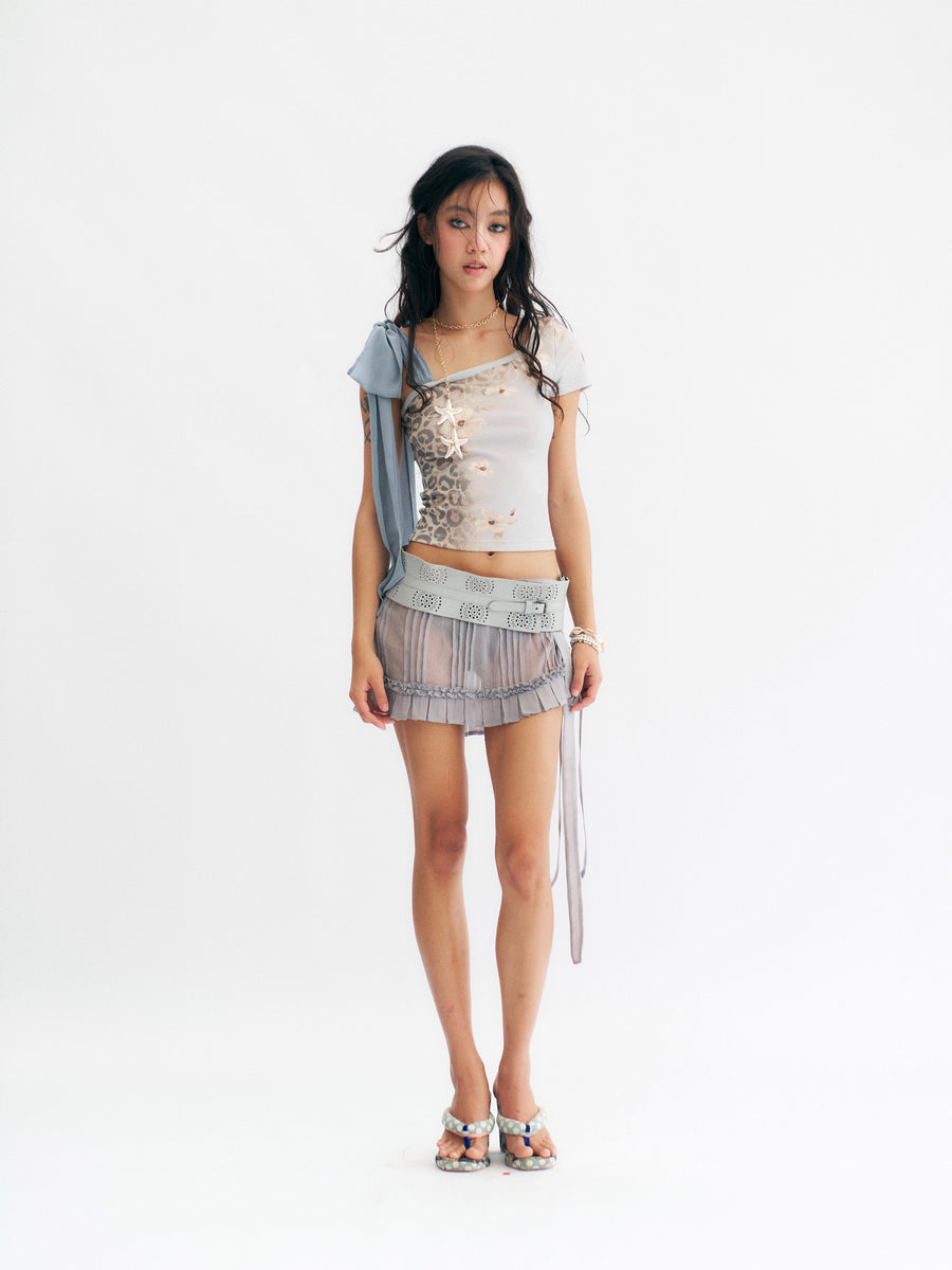 Light Blue Leopard Print Slanted Shoulder T-Shirt