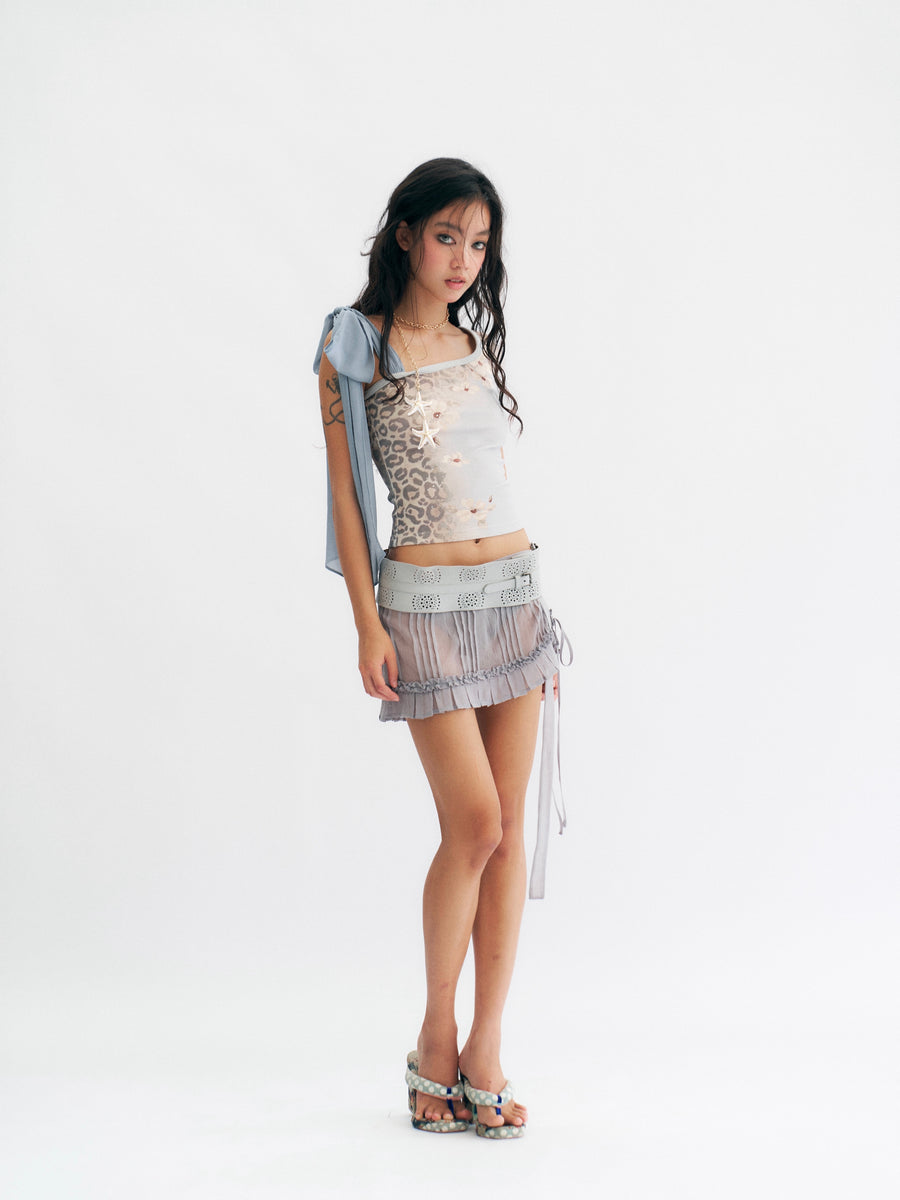 Light Blue Leopard Print Slanted Shoulder T-Shirt