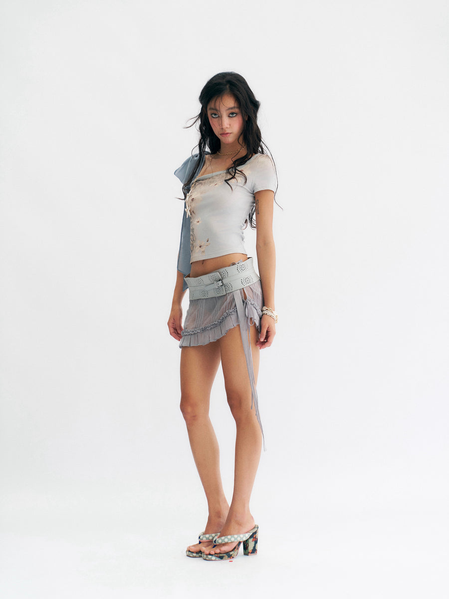 Light Blue Leopard Print Slanted Shoulder T-Shirt