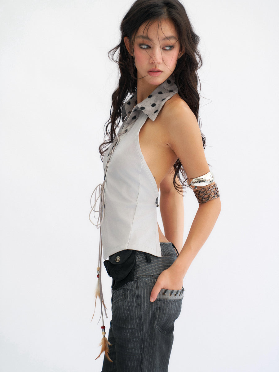 Blue-Gray Nude Back Top with Pendant Feathers
