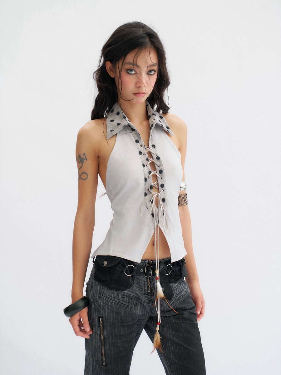 Blue-Gray Nude Back Top with Pendant Feathers