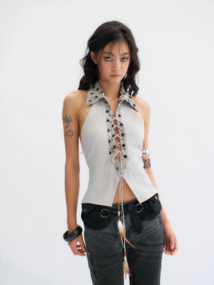 Blue-Gray Nude Back Top with Pendant Feathers