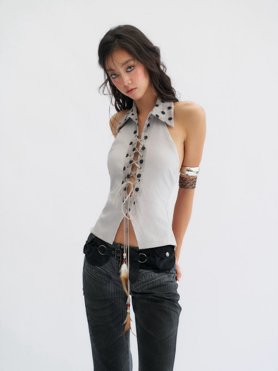 Blue-Gray Nude Back Top with Pendant Feathers