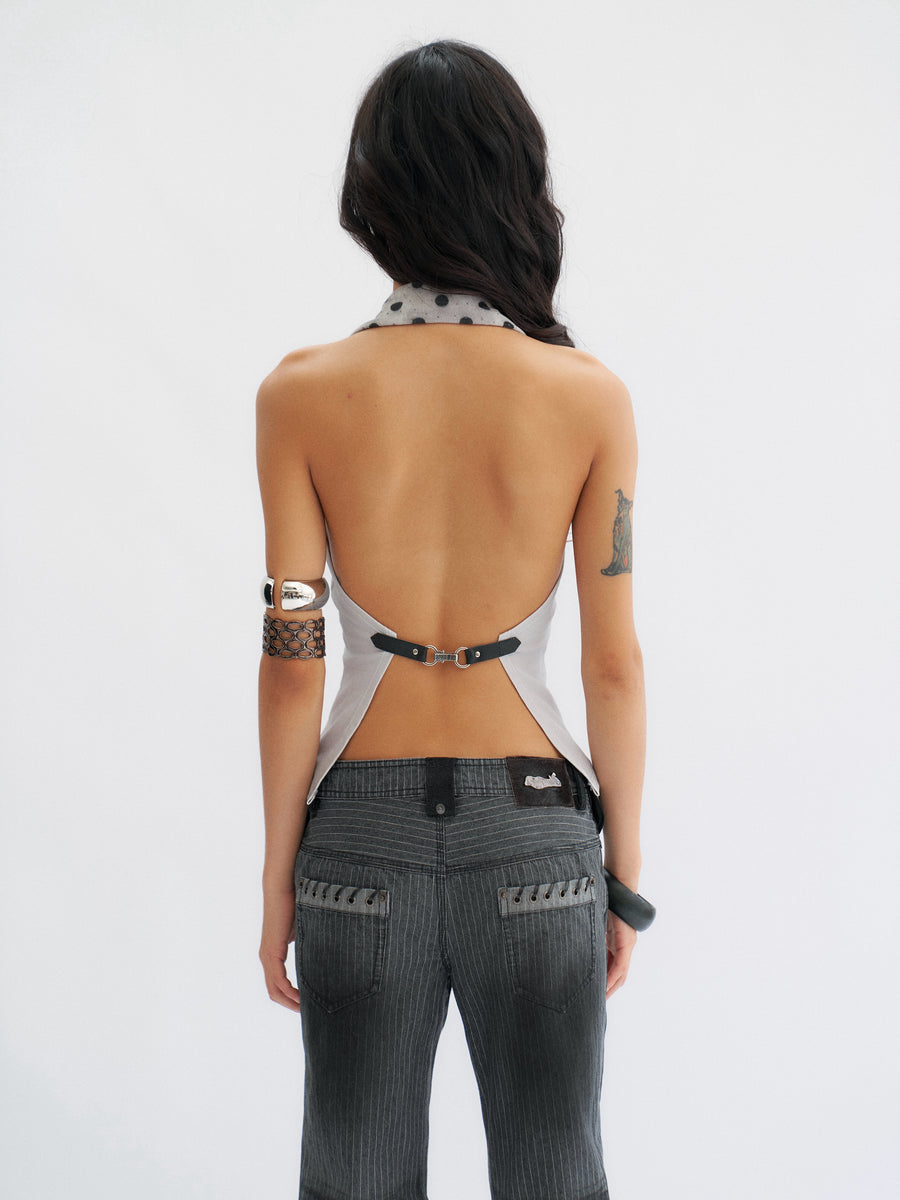 Blue-Gray Nude Back Top with Pendant Feathers