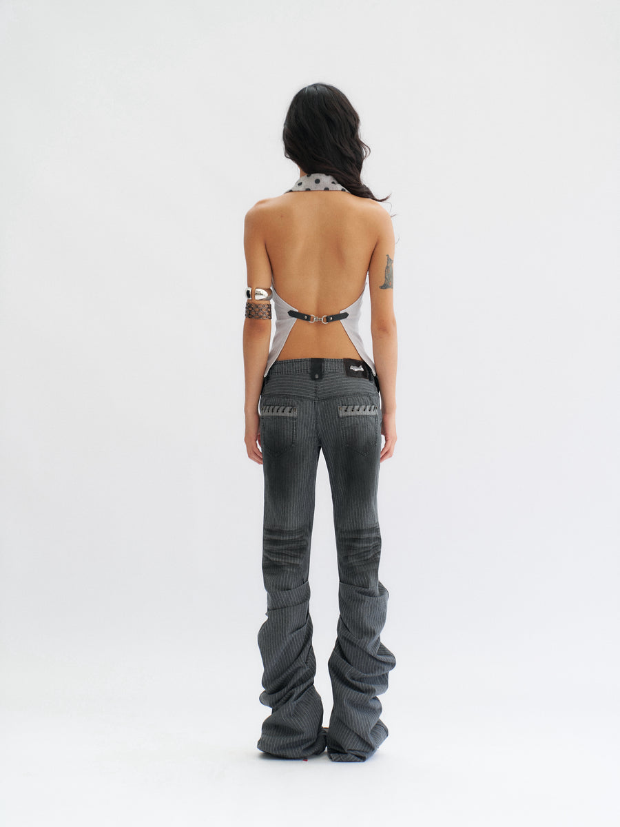 Blue-Gray Nude Back Top with Pendant Feathers