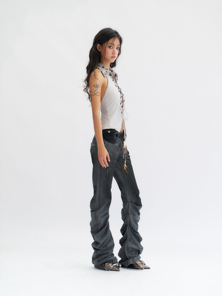 Blue-Gray Nude Back Top with Pendant Feathers