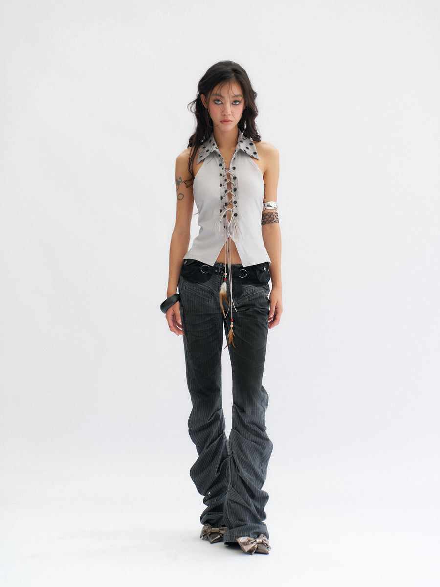 Blue-Gray Nude Back Top with Pendant Feathers