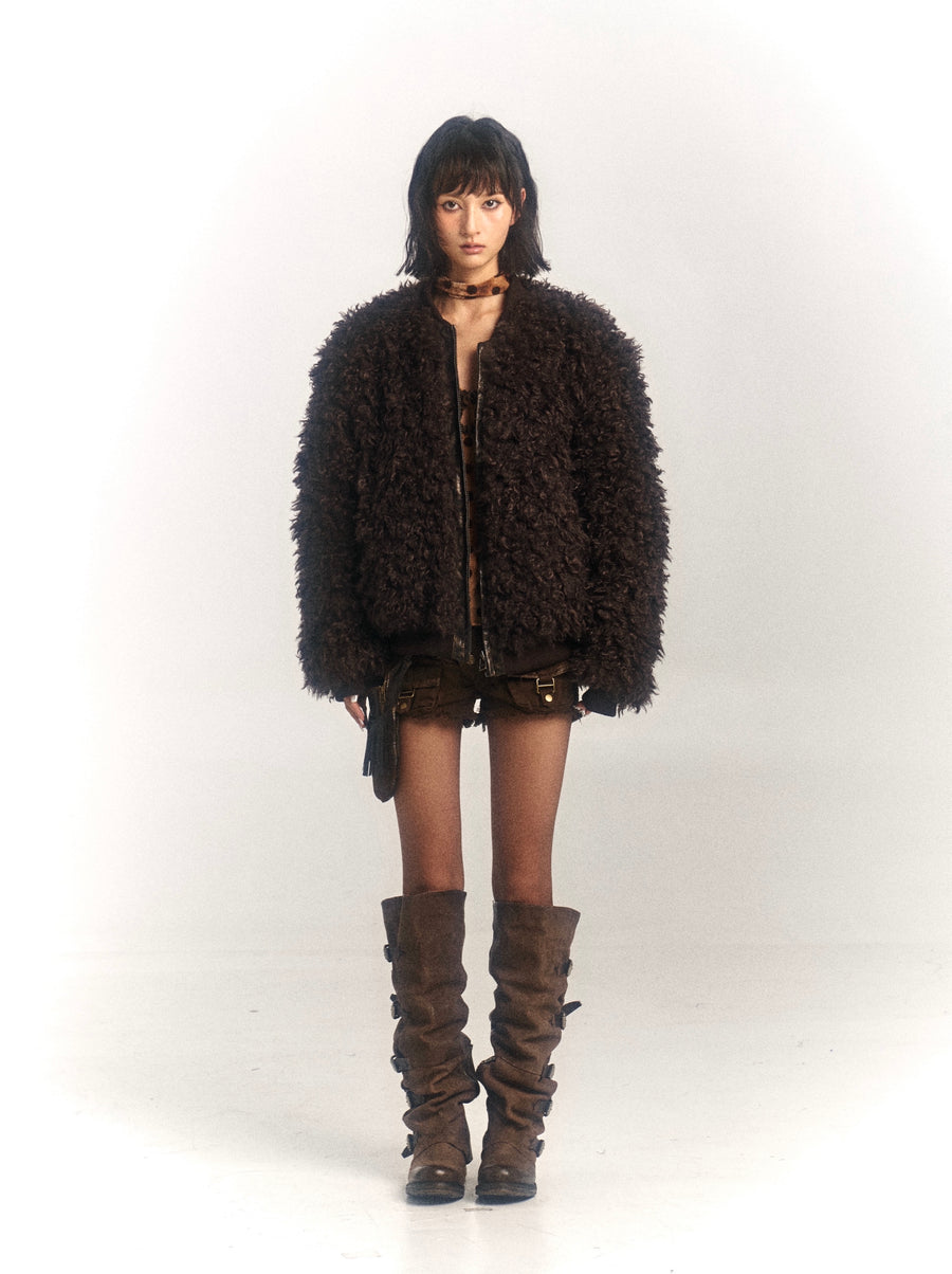 Dark Brown Wool Roll Fur Plus Cotton Coat