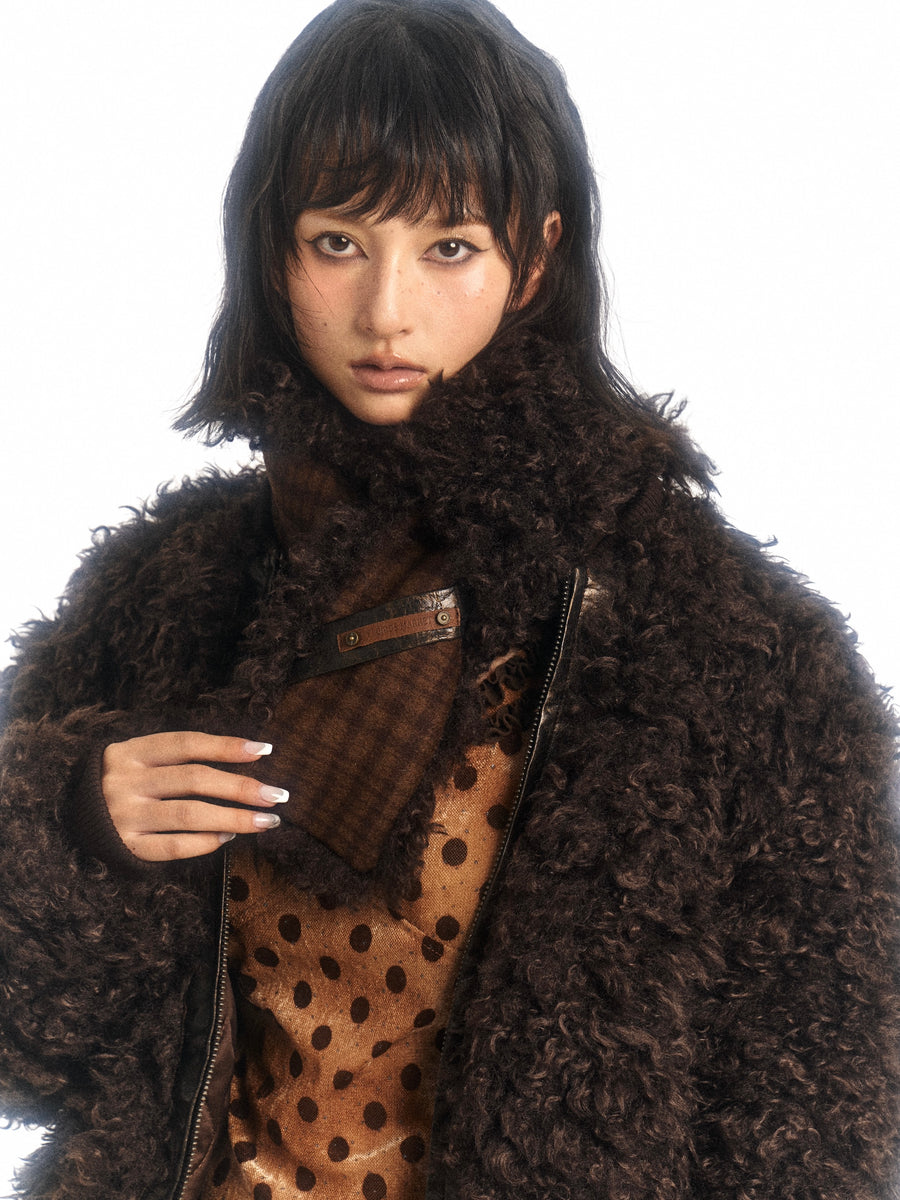 Dark Brown Wool Roll Fur Plus Cotton Coat